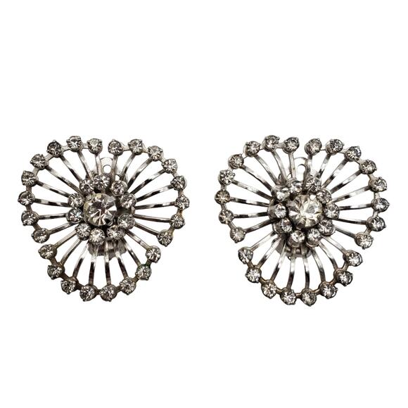 Vintage 60s Rhinestone Clip Earrings Crystal Sunburst Heart Riveted Silver Tone - Picture 6 of 9